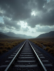 Fototapeta premium Moody railway extends to horizon with stormy sky, a moody railway stretching through desolate landscape. Moody railway leads into distance, ominous clouds hang above barren fields,
