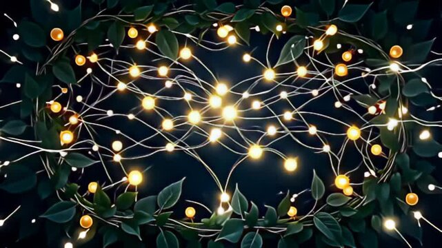 In the depths of a darkened space, an Organic leaf Border Frame woven with glowing vines stands out, surrounded by a brilliant display of luminous orbs and flowing strands of light,