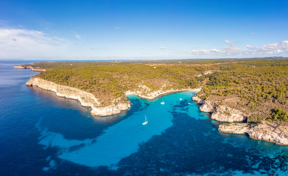 Spain, Balearic Islands, Menorca, Aerial view of Cala Macarelleta and Cala Macarella in summer