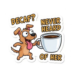  Hyperactive Dog with Coffee and "Decaf? Never Heard of Her" Slogan