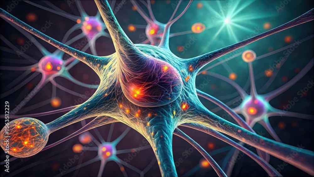 Poster detailed macro image of neuron cells with holographic effects