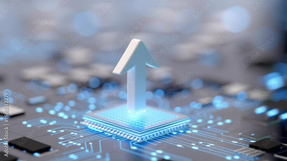 Poster digital innovation upward arrow on microchip symbolizing growth in technology and electronics, featu