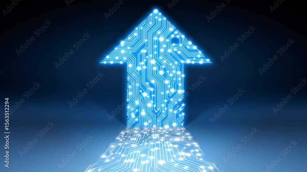 Poster glowing blue arrow circuit design symbolizing digital innovation and progress in technology, represe