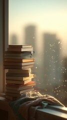 A cozy stack of books rests against a window illuminated by gentle sunlight, with city buildings softly blurred outside.