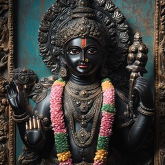 Fototapeta premium A detailed sculpture of a deity with elaborate jewelry and floral garlands, standing in a decorative frame.