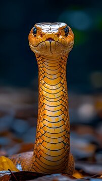 Close up Portrait of a Golden colored Snake Its Head Held High in Autumn Leaves