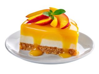 Delicious peach cheesecake slice topped with mango glaze and fresh mint