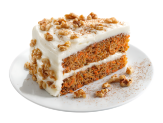 Delicious carrot cake slice topped with cream cheese frosting and walnuts