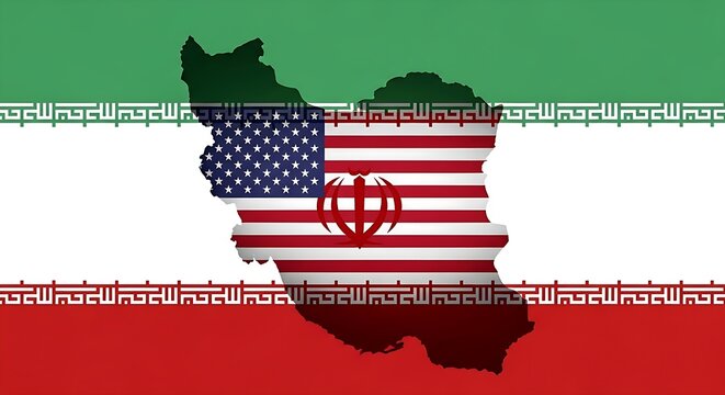 The united states map is overlaid with the american flag and the iranian flag, symbolizing the complex relationship