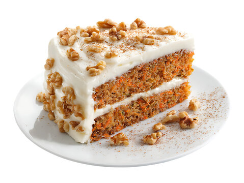 Delicious carrot cake slice topped with cream cheese frosting and walnuts