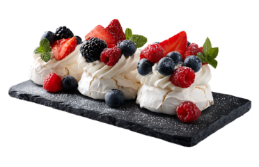 Delicious meringue nests topped with fresh berries and whipped cream on a slate plate