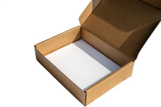Open kraft cardboard box top-down angle with white insert on black backdrop