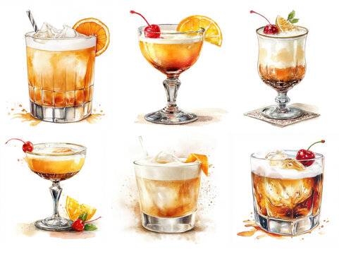 Set of six watercolor illustrations of amaretto sour cocktails with ice, orange slices, cherries, and whipped foam in various glasses. Watercolor illustration isolated on white background. 