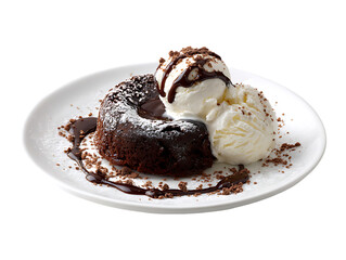 Molten chocolate cake with vanilla ice cream and chocolate sauce a delicious dessert