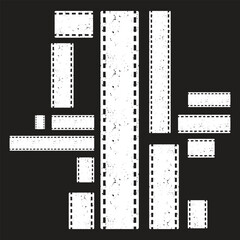 Film reel icon set. Black movie reel icon in vintage style. Old retro reel with film strip collection. Vector illustration