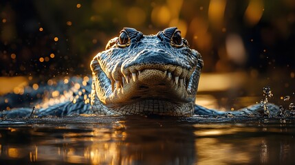 Obraz premium Powerful Alligator in Water at Sunset Golden Hour Wildlife