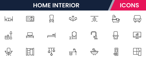 Home interior line icons collection. Dishes, devices, and decoration icons. UI icon set. Thin outline icons pack. Vector illustration