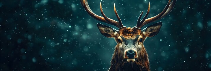 Fototapeta premium Majestic Deer Portrait in Winter Snowfall A Close Up of a Male Deer with Antlers