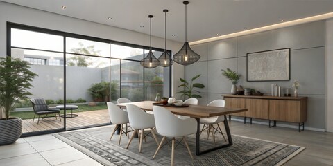 Modern dining room with wooden table and white chairs
