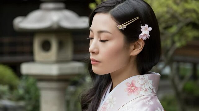 Woman in traditional attire poses gracefully in serene Japanese garden