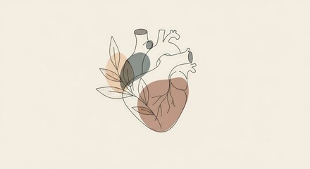 Creative anatomical heart illustration with botanical leaves and abstract design