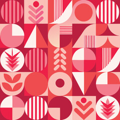 Contemporary seamless pattern with simple geometric shapes in pink and red colors. Stylish abstract background in Scandinavian style for print, design, fabric. Vector illustration