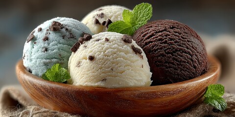 Delicious scoop of three ice cream flavors in a wooden bowl garnished with mint leaves and chocolate pieces