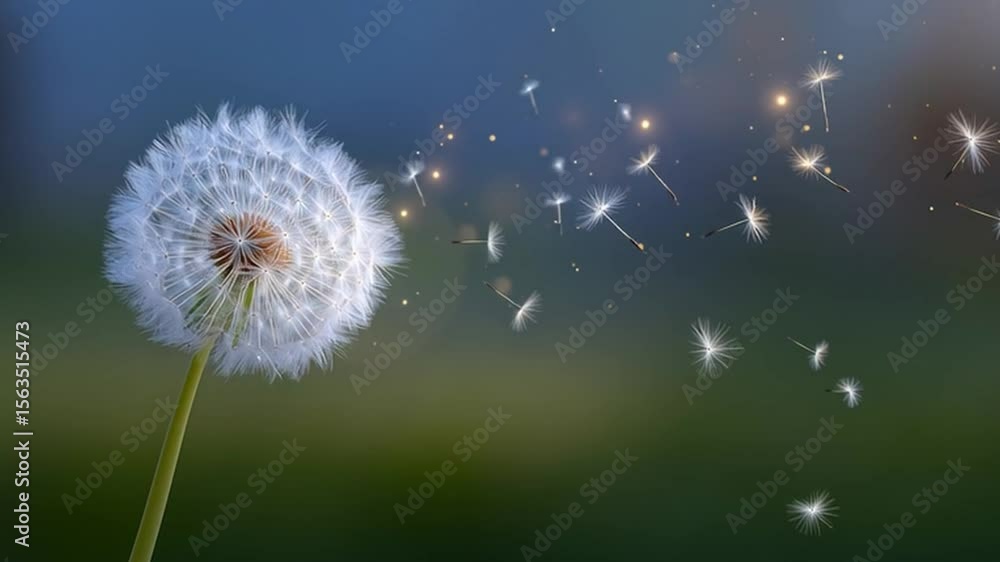 Poster delicate dandelion puff releases soft seeds into natures breeze, creating magical scene with bokeh b