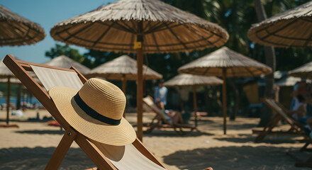 Relaxing summer scene with a straw hat resting on a wooden deck chair under tropical thatched umbrellas on a sunny sandy beach, with blurred people enjoying vacation in the background.