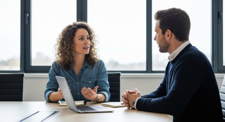 Business meeting with two people discussing at a table