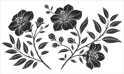 Black floral branches with blooming flowers and leaves