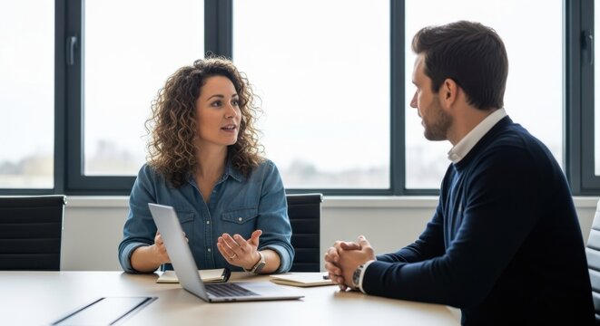 Business meeting with two people discussing at a table - Powered by Adobe