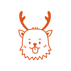 Dog Reindeer Face. Hand drawn doodle of a puppy face with antlers, festive and funny Christmas Holiday Character. Vector illustration