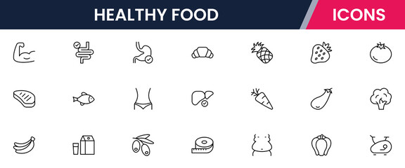 Healthy food icons in line vector style showcasing various nutritious items and drinks for a balanced diet