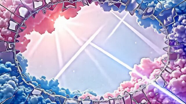 Radiating from its core, the sharp shattered glass Border Frame with radiant shards encircles a fluid dreamscape of pastel colors morphing seamlessly into one another, as luminescent beams