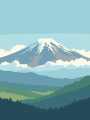 Fototapeta premium Mount Kilimanjaro's snowcapped peak above clouds with glacier white, mountain gray, jungle green foothills, and blue sky