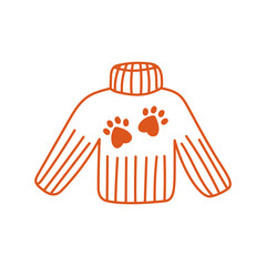 Knitted Sweater with Paw print. Cozy hand drawn Pet Lover Winter Clothes in doodle style for cat and dog Christmas holiday designs. Vector illustration