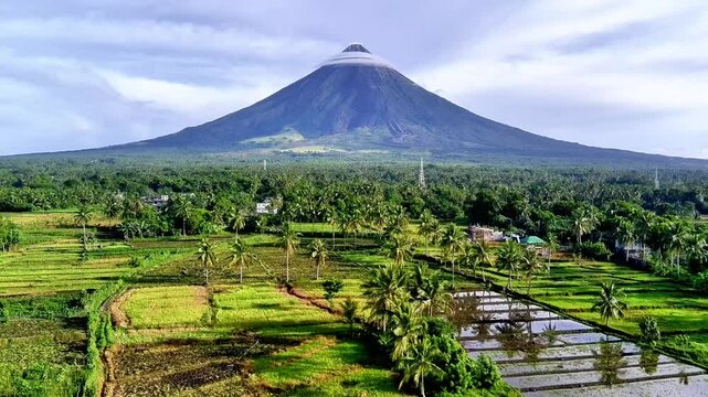 Mayon Volcano with a rice field view from drone in legazpi city albay philippines