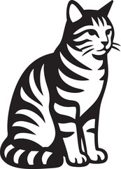 Sitting tabby cat black and white illustration, Stylish feline pose line vector art