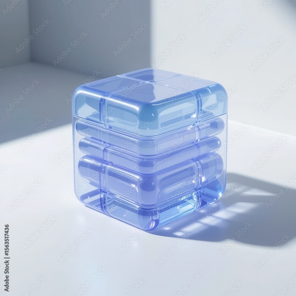 Poster translucent stacked blue cube object reflecting light on a seamless surface