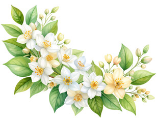 Obraz premium Stephanotis Flower Corner Cluster with Leaves in Watercolor Style, Transparent Background.