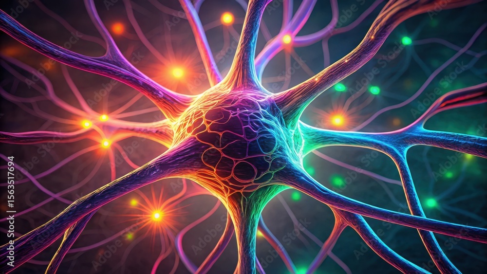 Poster Close-Up of Bioelectrical Impulses in Neurons with Vibrant Colors