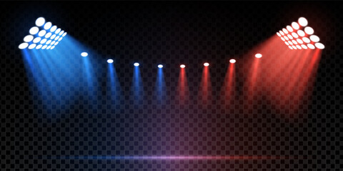 Spotlight sport stage with red blue lighting and dark arena background. Shows floodlights, glitter effects and dramatic beams. Scene evokes competition, show and entertainment energy eps illustration © Azat Valeev