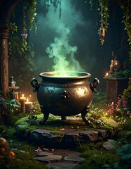 Magical Witch Cauldron in Enchanted Forest – Glowing Green Potion, Fantasy Potion Brewing Scene