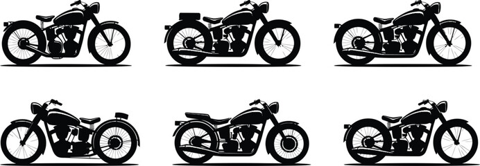 Naklejka premium A set of six classic or vintage motorcycle silhouette vector illustrations, great for a biker club logo or emblem design.