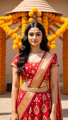 A woman dressed in a red lehenga with intricate gold embroidery and matching dupatta poses in front of a traditional Indian decor backdrop featuring vibrant orange marigold garlands.