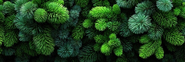 Lush evergreen forest foliage showcasing a variety of pine and spruce needle textures and colors in vibrant greens