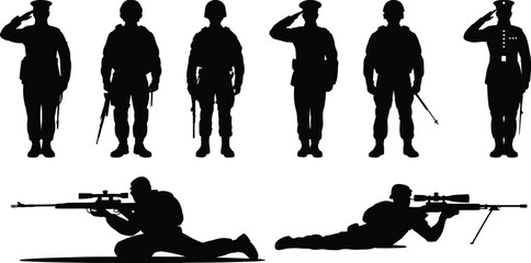 A collection of military soldier and sniper silhouette vector graphics in various saluting and aiming poses for design.
