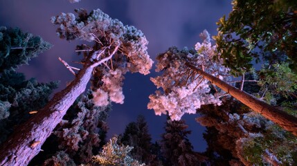 Enchanting nighttime forest with tall trees under a starlit sky