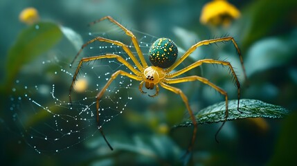 Fototapeta premium Vibrant Yellow Spider on Dew Covered Web in Lush Green Garden